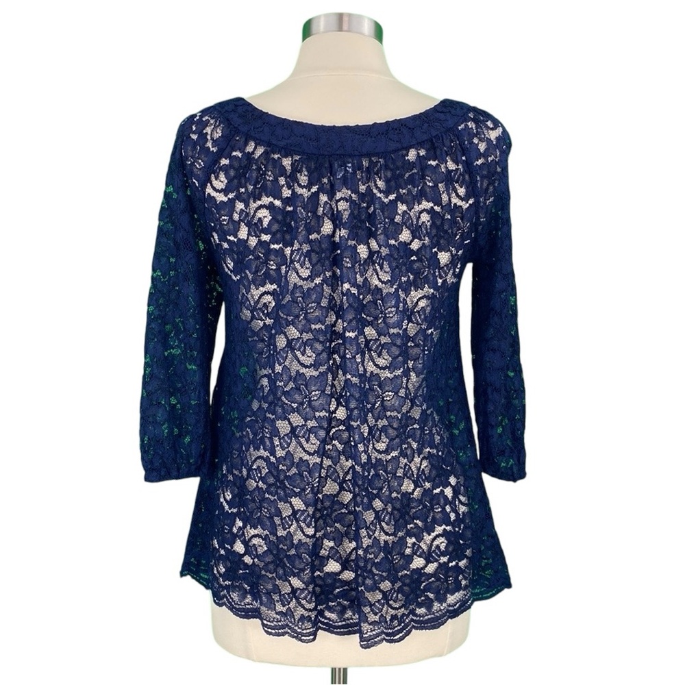 Diane Von Furstenberg DVF Elisabetta Navy Blue Sheer Floral Lace Dressy Blouse - Picture 7 of 16